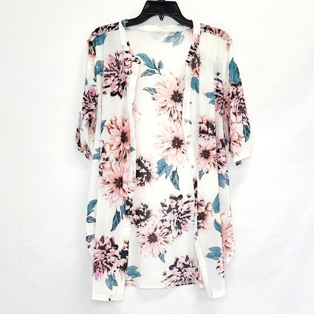 Siren Lilly Floral Chiffon Semi-Sheer Button-Up Kimono Cardigan